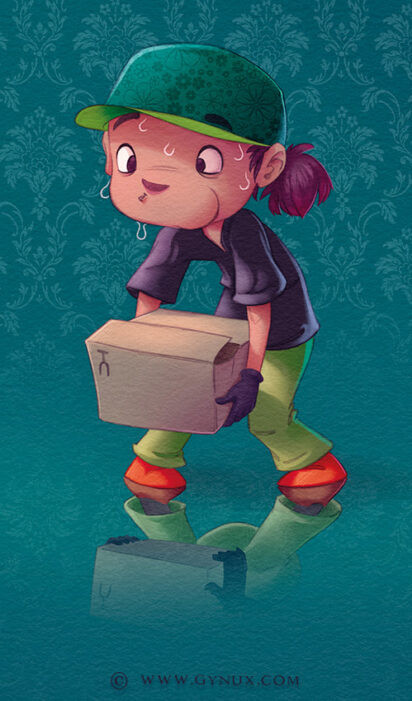 A character carrying a heavy package.