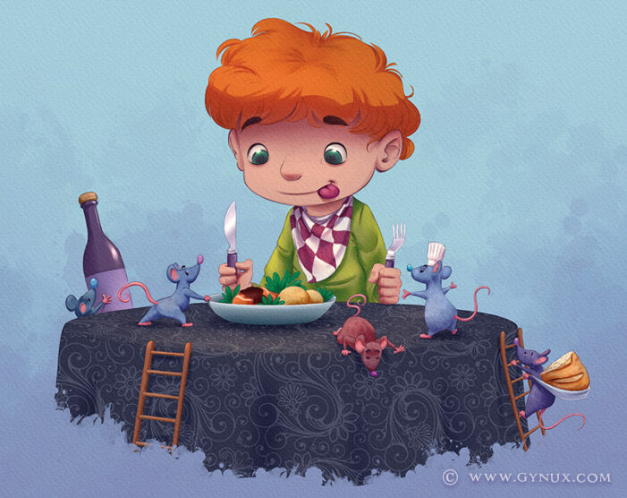 A character sitting at a table and looking at a plate with envy while rats are managing the diner.