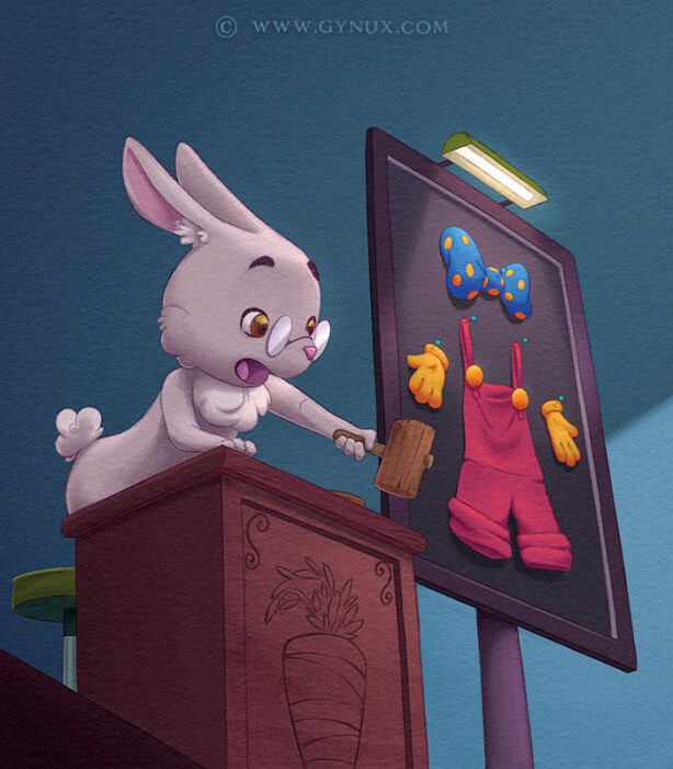 A rabbit standing next to framed clothes, pointing a small hammer at someone out of view.